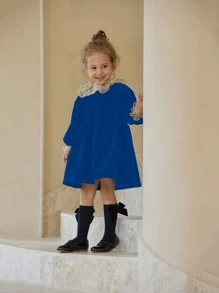 Toddler Girls Contrast Mesh Smock Dress - Royal Blue - View 1