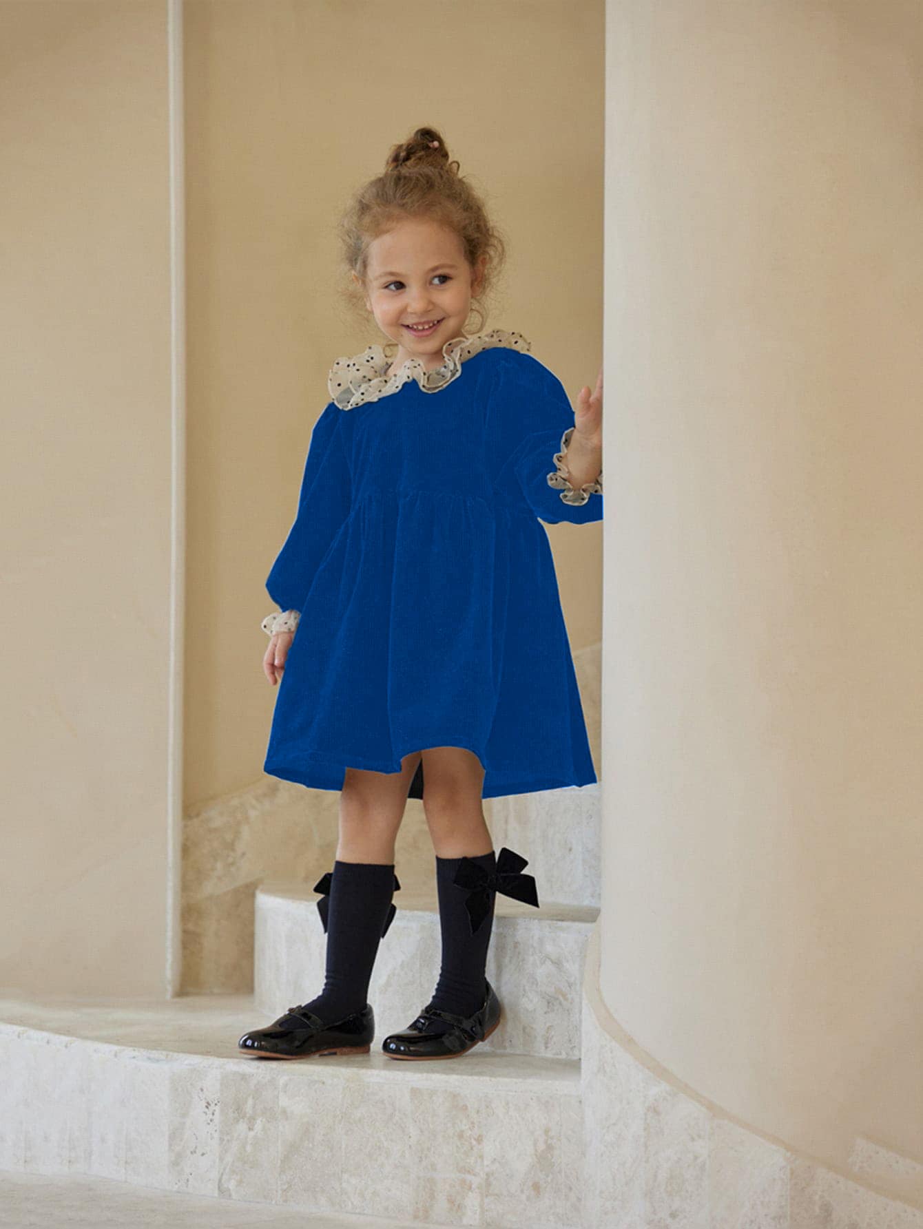 Toddler Girls Contrast Mesh Smock Dress - Royal Blue - View 1