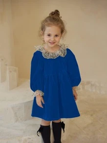 Toddler Girls Contrast Mesh Smock Dress - Royal Blue - View 3