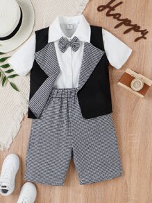 SHEIN 男孩前蝴蝶結襯衫和千鳥格印花下擺開叉西裝外套和短褲 - 黑與白 - 查看 5