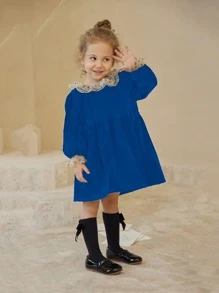 Toddler Girls Contrast Mesh Smock Dress - Royal Blue - View 4
