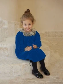 Toddler Girls Contrast Mesh Smock Dress - Royal Blue - View 5