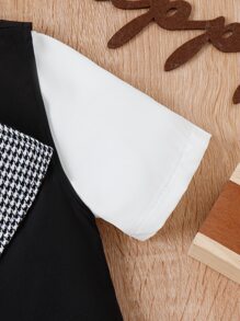 SHEIN 男孩前蝴蝶結襯衫和千鳥格印花下擺開叉西裝外套和短褲 - 黑與白 - 查看 6