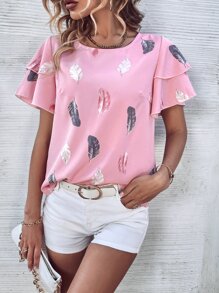 SHEIN Clasi Graphic Print Layered Sleeve Blouse - Pink - View 5