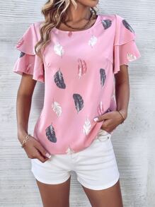 SHEIN Clasi Graphic Print Layered Sleeve Blouse - Pink - View 3