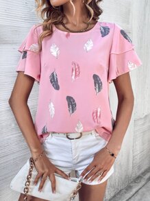 SHEIN Clasi Graphic Print Layered Sleeve Blouse - Pink - View 4