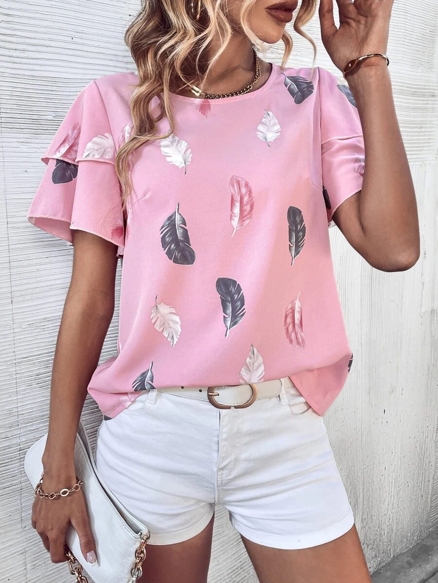 SHEIN Clasi Graphic Print Layered Sleeve Blouse - Pink - View 1