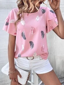 SHEIN Clasi Graphic Print Layered Sleeve Blouse - Pink - View 6
