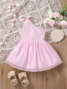 嬰兒不對稱領肩部蝴蝶結網紗覆蓋洋裝 - 淺粉色 - 查看 1
