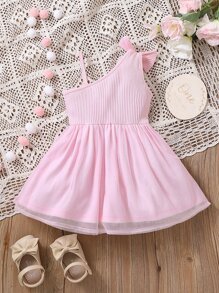 嬰兒不對稱領肩部蝴蝶結網紗覆蓋洋裝 - 淺粉色 - 查看 2