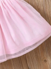 嬰兒不對稱領肩部蝴蝶結網紗覆蓋洋裝 - 淺粉色 - 查看 5