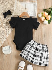 Baby Girl Ruffle Trim Bodysuit & Plaid Print Skirt & Accessory Headband - Black and White - View 1