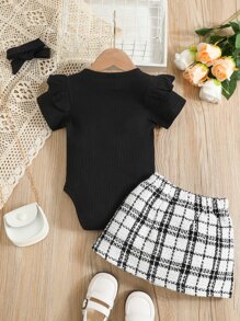 Baby Girl Ruffle Trim Bodysuit & Plaid Print Skirt & Accessory Headband - Black and White - View 2
