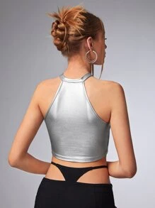 SHEIN ICON Bikercore Áo hai dây Kim loại Cắt mép Mùa vụ chất liệu da PU - Bạc - Xem 2