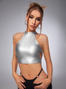 SHEIN ICON Bikercore Áo hai dây Kim loại Cắt mép Mùa vụ chất liệu da PU - Bạc - Xem 4