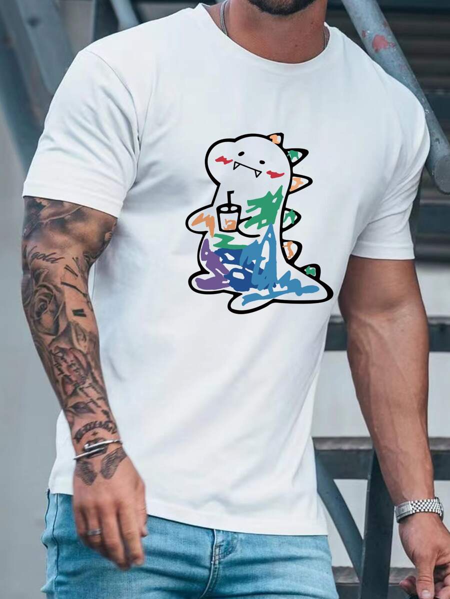 Manfinity Homme Hombres Camiseta con estampado de dibujos animados - Blanco - Ver 1