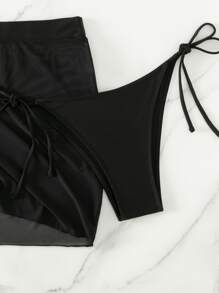 SHEIN Swim 素色比基尼套裝聚攏內衣和丁字褲和罩衫半身裙和方巾4入組泳衣 - 黑色 - 查看 3
