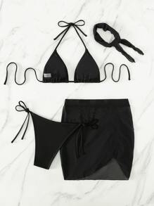 SHEIN Swim 素色比基尼套裝聚攏內衣和丁字褲和罩衫半身裙和方巾4入組泳衣 - 黑色 - 查看 4