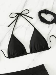 SHEIN Swim 素色比基尼套裝聚攏內衣和丁字褲和罩衫半身裙和方巾4入組泳衣 - 黑色 - 查看 5