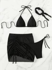 SHEIN Swim 素色比基尼套裝聚攏內衣和丁字褲和罩衫半身裙和方巾4入組泳衣 - 黑色 - 查看 6