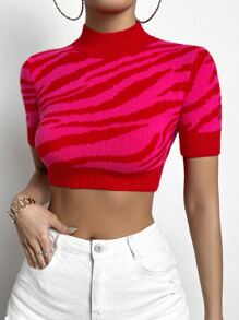 Chiquease 斑馬紋圖案小立領針織短上衣 - 玫紅色 - 查看 1