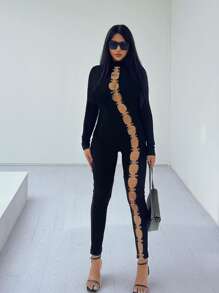 O-Ring Detail Cutout Jumpsuit - Black - View 1
