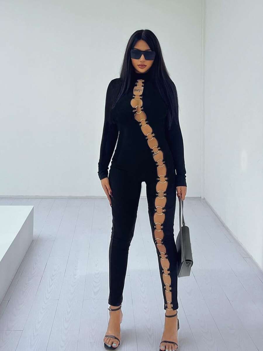 O-Ring Detail Cutout Jumpsuit - Black - View 1