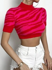 Chiquease 斑馬紋圖案小立領針織短上衣 - 玫紅色 - 查看 5