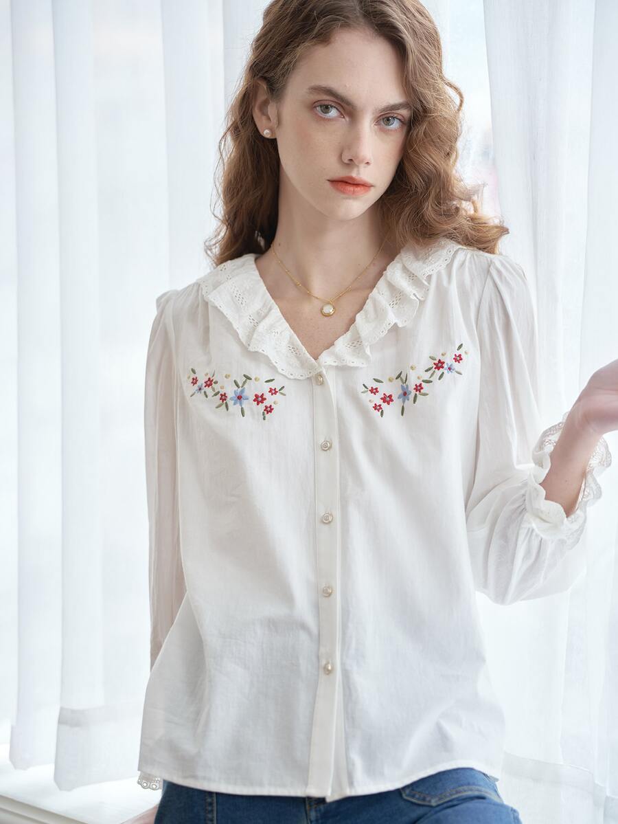 Simple Retro Floral Embroidery Flounce Sleeve Shirt
