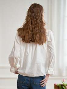 Simple Retro Floral Embroidery Flounce Sleeve Shirt - White - View 3