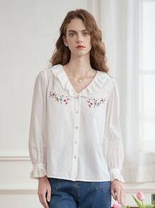 Simple Retro Floral Embroidery Flounce Sleeve Shirt - White - View 5
