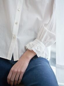 Simple Retro Floral Embroidery Flounce Sleeve Shirt - White - View 6