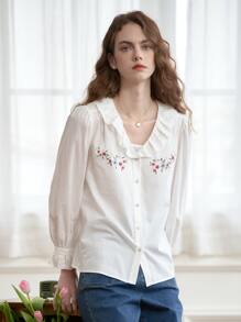 Simple Retro Floral Embroidery Flounce Sleeve Shirt - White - View 7
