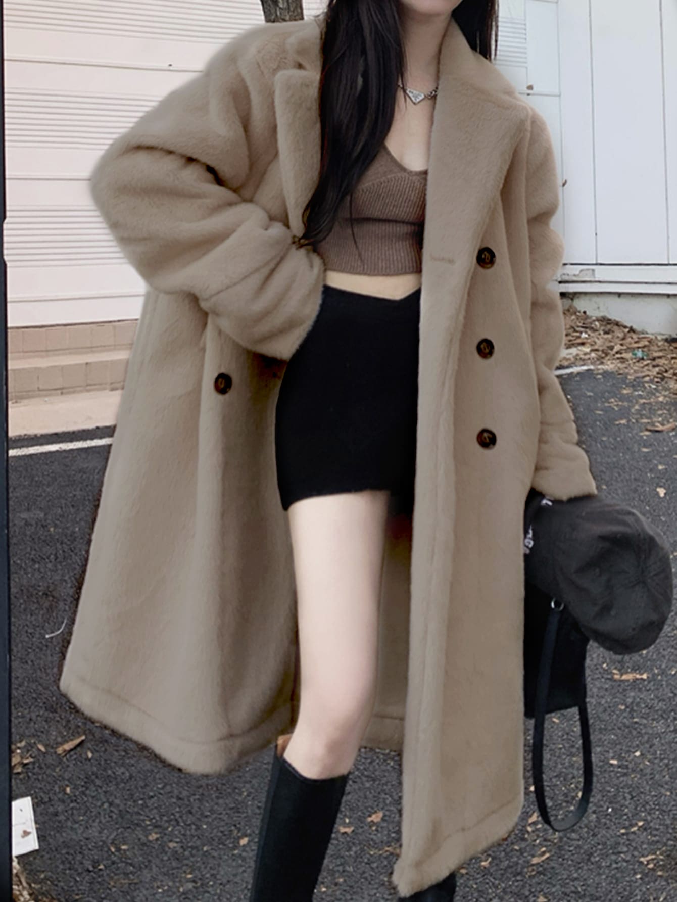 素色落肩袖雙排釦絨毛外套