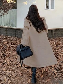 素色落肩袖雙排釦絨毛外套