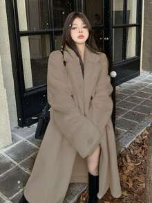 素色落肩袖雙排釦絨毛外套