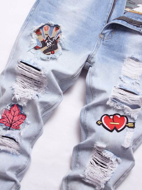 Men Cotton Leaf & Heart Embroidery Ripped Jeans SHEIN USA