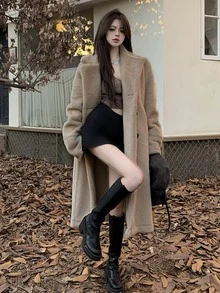 素色落肩袖雙排釦絨毛外套