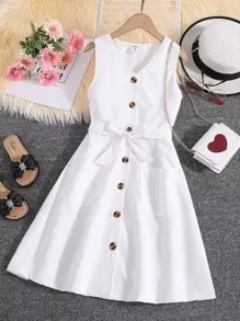 Girls Dual Pocket Button Front Belted Dress - White - View 1