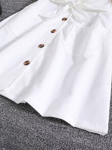 Girls Dual Pocket Button Front Belted Dress - White - View 3