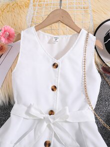 Girls Dual Pocket Button Front Belted Dress - White - View 4