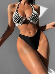 人造珍珠裝飾掛脖比基尼上衣 - 黑色 - 查看 6