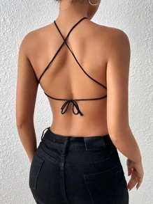 Allurite Zebra Striped Pattern Tie Backless Hanky Hem Halter Knit Top - Black and White - View 2