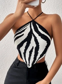 Allurite Zebra Striped Pattern Tie Backless Hanky Hem Halter Knit Top - Black and White - View 3