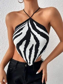Allurite Zebra Striped Pattern Tie Backless Hanky Hem Halter Knit Top - Black and White - View 4