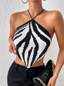 Allurite Zebra Striped Pattern Tie Backless Hanky Hem Halter Knit Top - Black and White - View 5