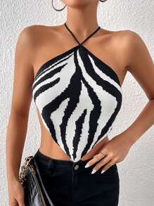 Allurite Zebra Striped Pattern Tie Backless Hanky Hem Halter Knit Top - Black and White - View 6