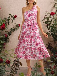 SHEIN VCAY Floral Print Layered Hem Belted One Shoulder Dress Kentucky Derby Dress - Apricot - View 2