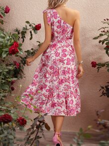 SHEIN VCAY Floral Print Layered Hem Belted One Shoulder Dress Kentucky Derby Dress - Apricot - View 3