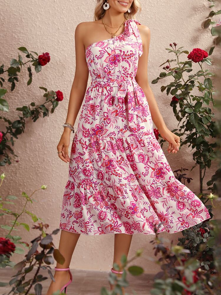 SHEIN VCAY Floral Print Layered Hem Belted One Shoulder Dress Kentucky Derby Dress - Apricot - View 5